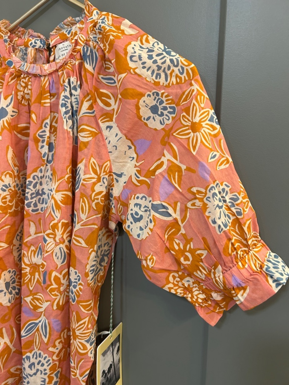 Trovata Birds of Para Pink Floral Puff-Sleeve Blouse with Orange & Blue Accents - Picture 6 of 8